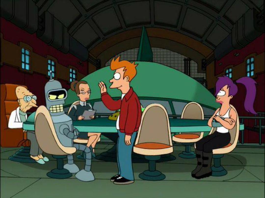 A scene from Futurama with Fry waiting for a High Five from Bender