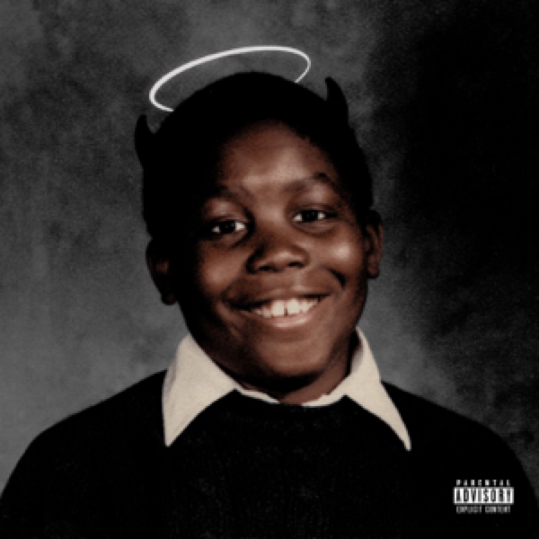 The album cover of Michael, a young picture of killermike with both devil horns and an angel halo