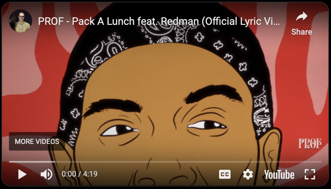 Thumbnail for the official lyrics youTube video showing an animated redman and prof