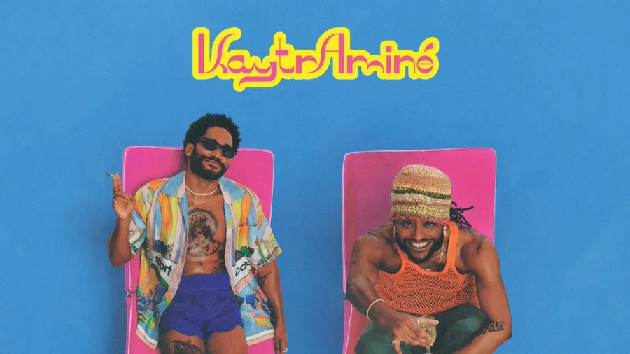 Album cover of the Kaytranada and HeyAmine album, Kaytraminé. Shows the two on pink mats on a blue background.