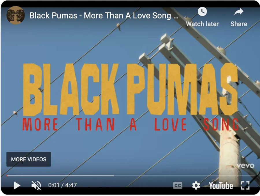 A screenshot from the music video for Black Pumas' More Than a Love Song