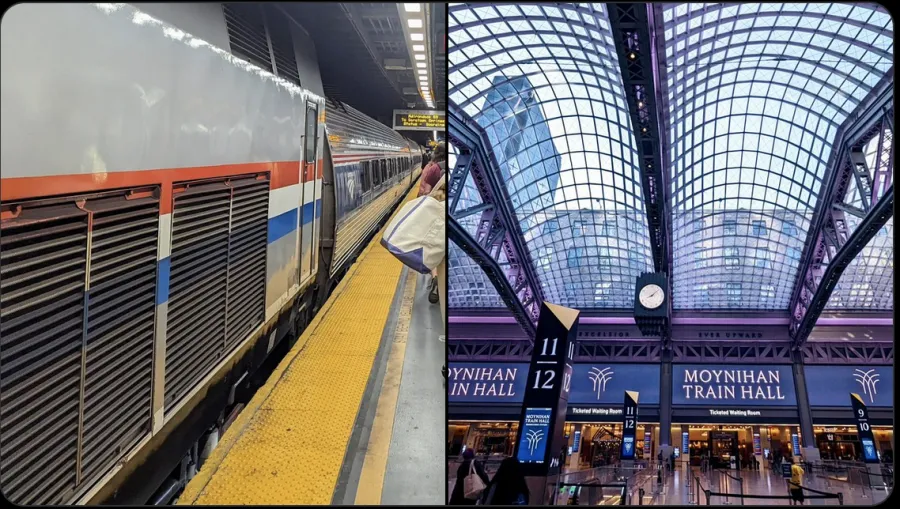 A thumbnail of both images, the Moynihan Train Hall and an Amtrak Train