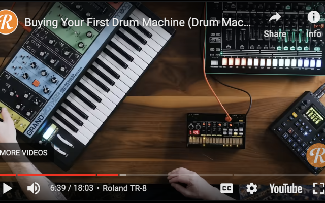 Thumbnail for the youTube video showing four drum machines which look like keyboards but buttons instead of piano keys