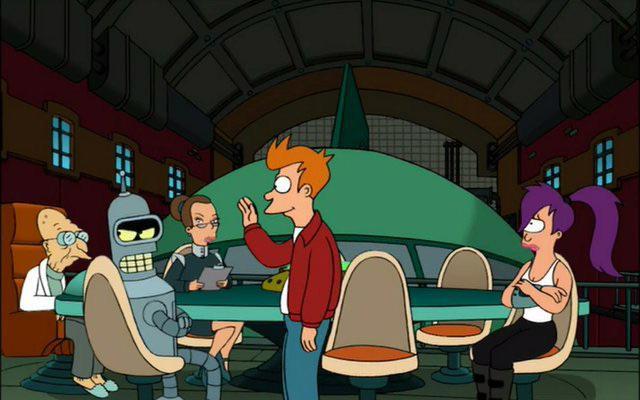 A scene from Futurama with Fry waiting for a High Five from Bender